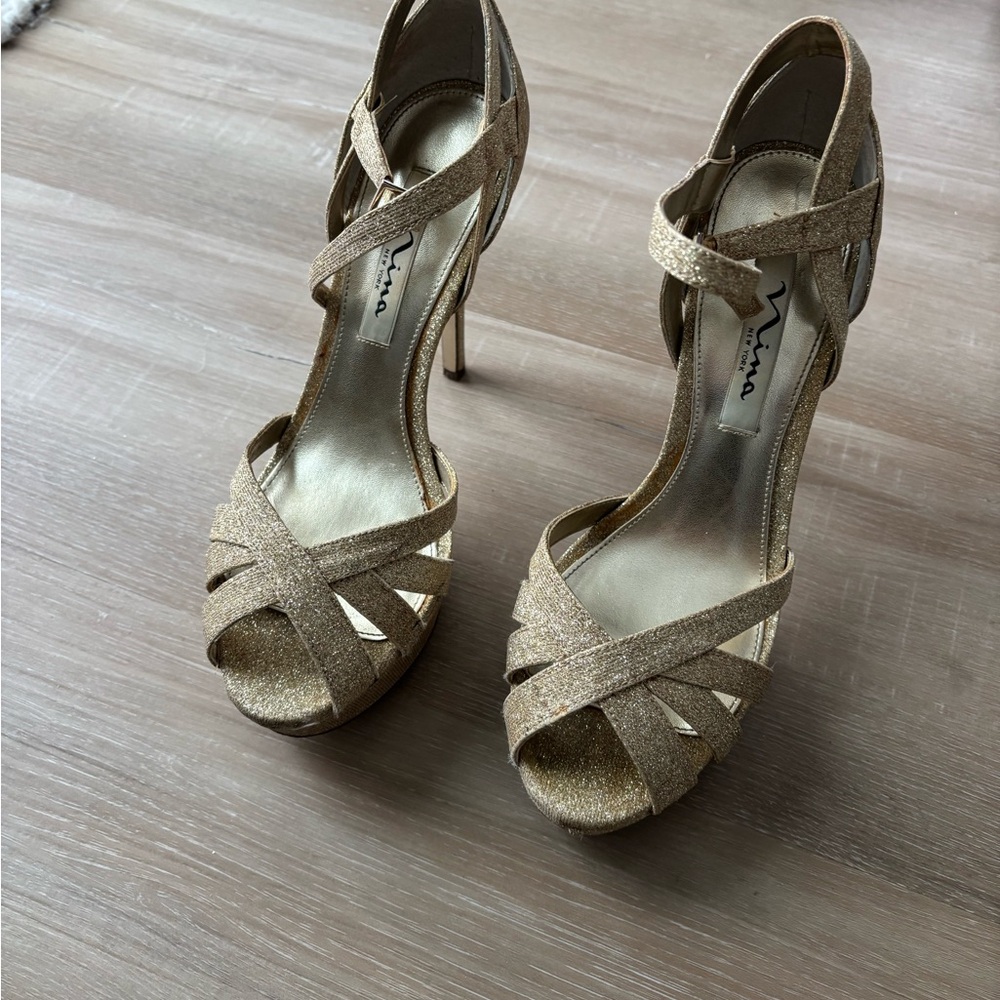 Nina Gold Glitter Strappy Heels